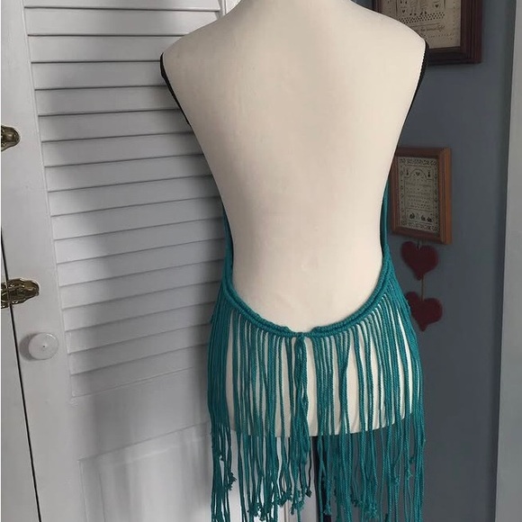 Handmade Teal Fringe Halter Beach Macrame Dress - Picture 7 of 9